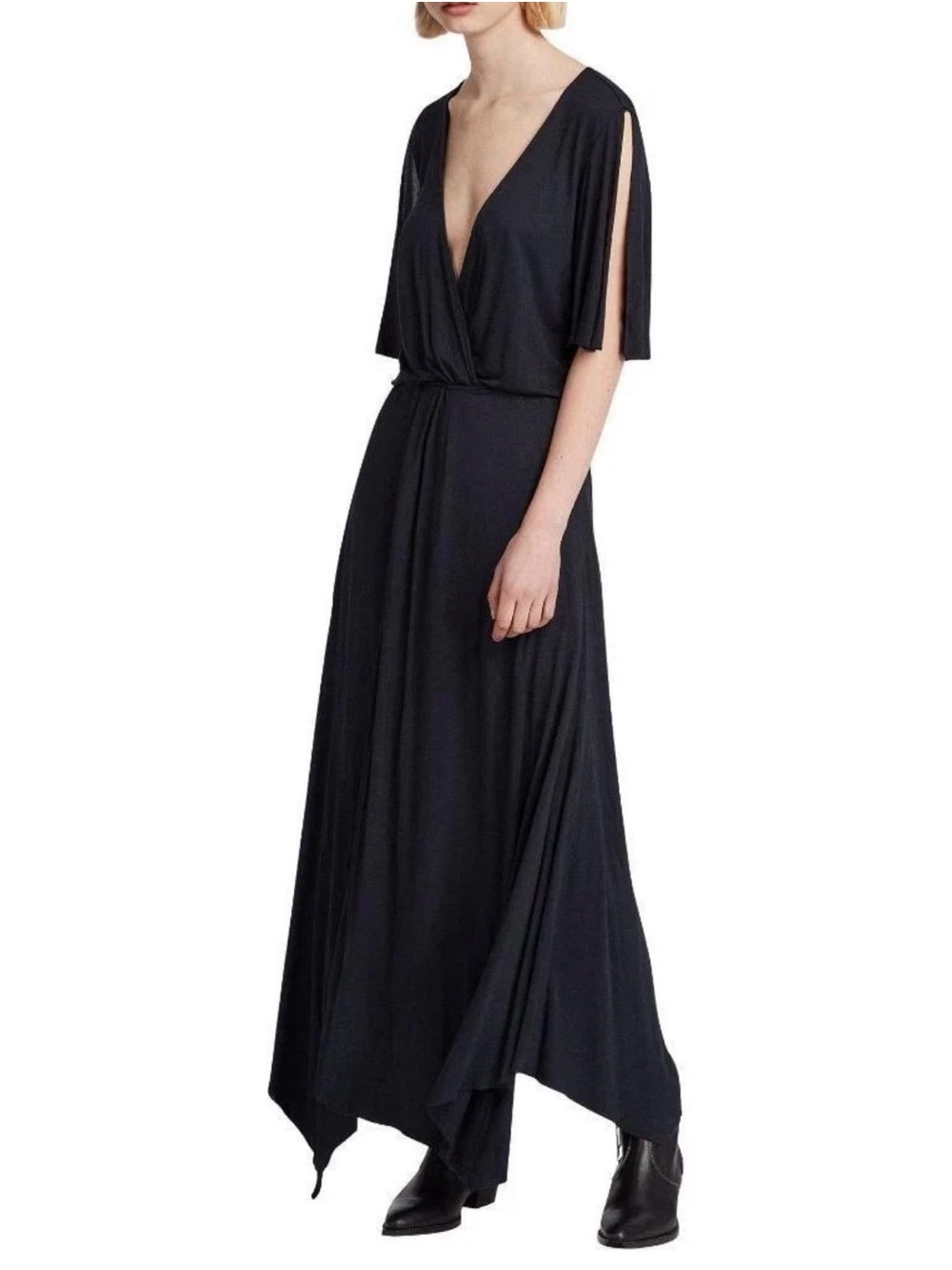Allsaints Amira Black Wrap Maxi Dress - Elegant V-Neck Evening Dress